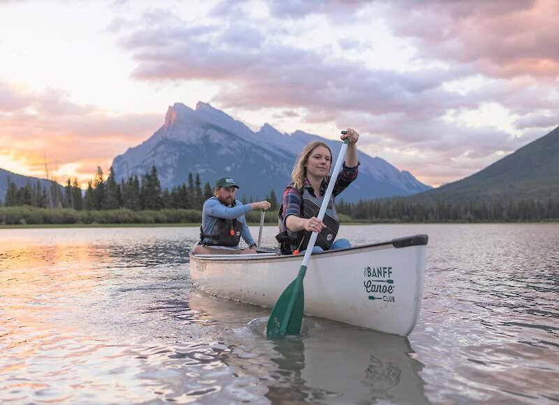 Canoeing in Vermilian Lakes at sunset