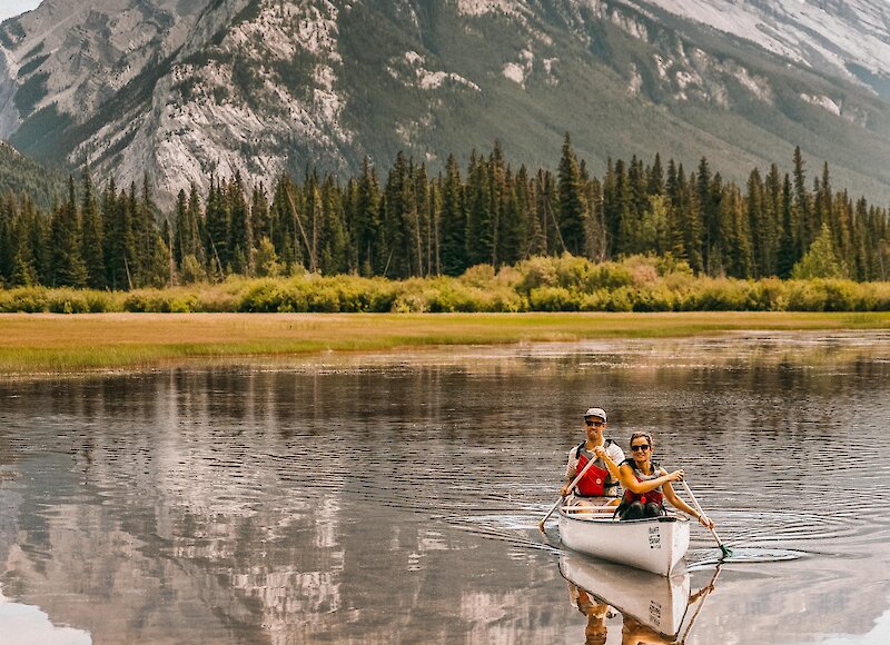 Canoeing on Vermilian Lake with views of Mount Rundle