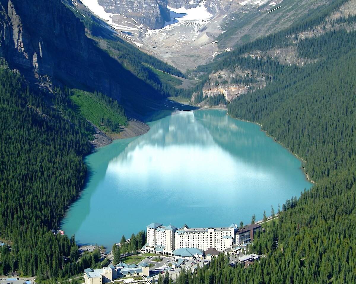 Aerial view of Lake Louise and The Fairmont Chateau