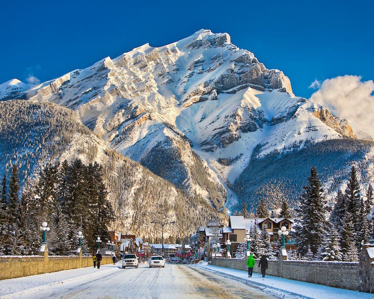 Stunnnig view of Banff Ave and Cascade Mountain in winter