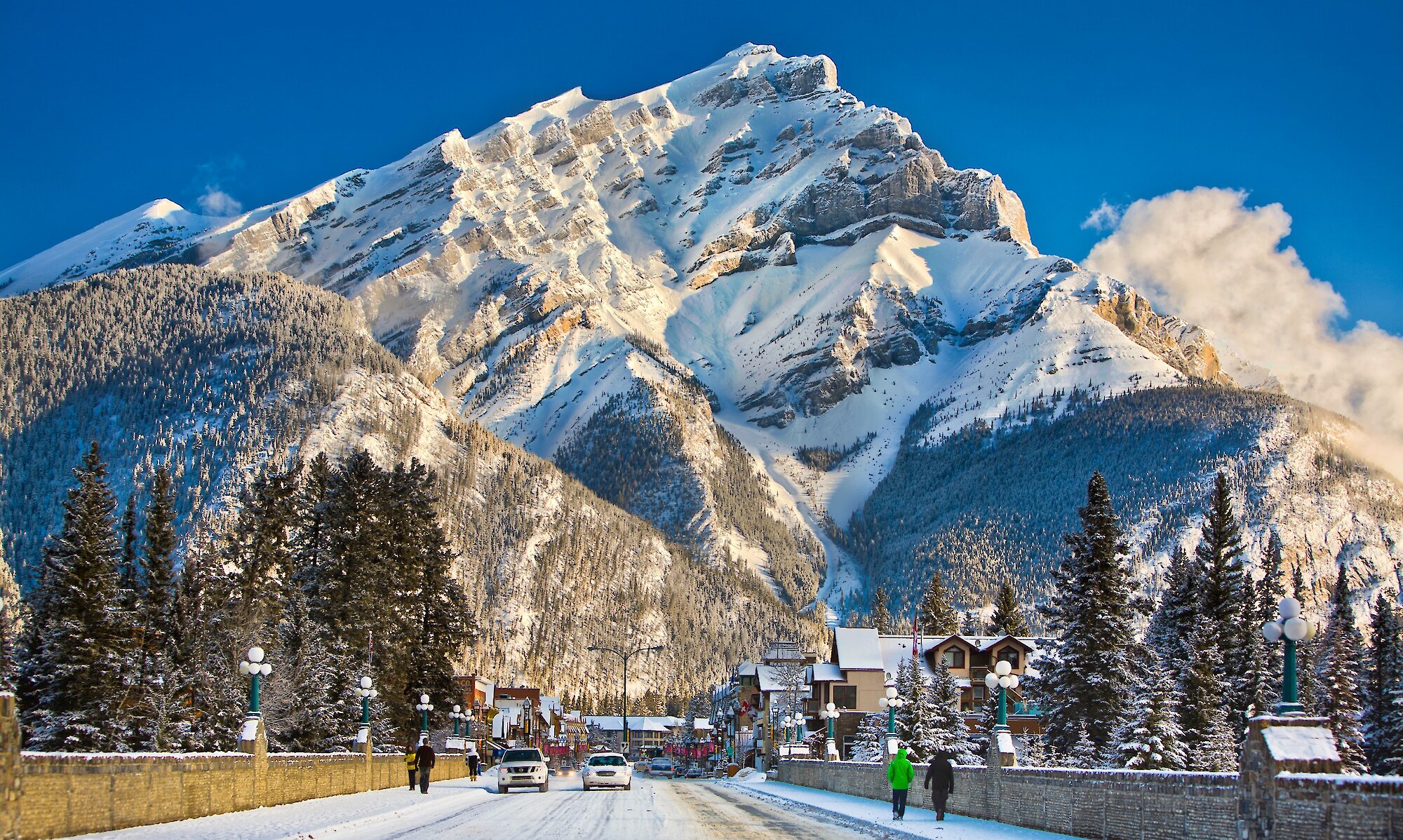Stunnnig view of Banff Ave and Cascade Mountain in winter