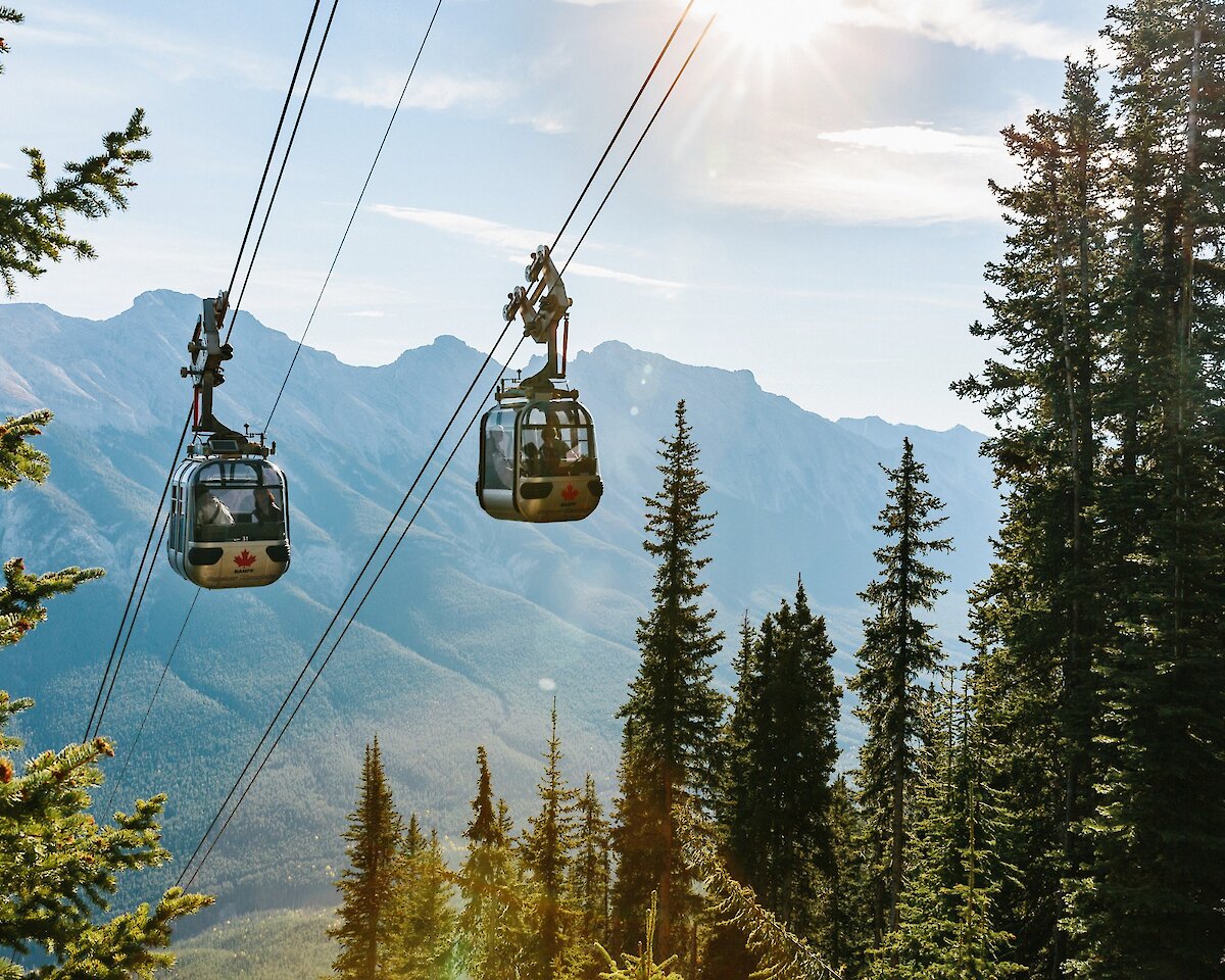 The Banff Gondola cabins riding to the top of Sulphur Mountain