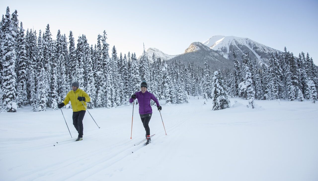 Cross country skiing in Banff National Park on rental cross country skis