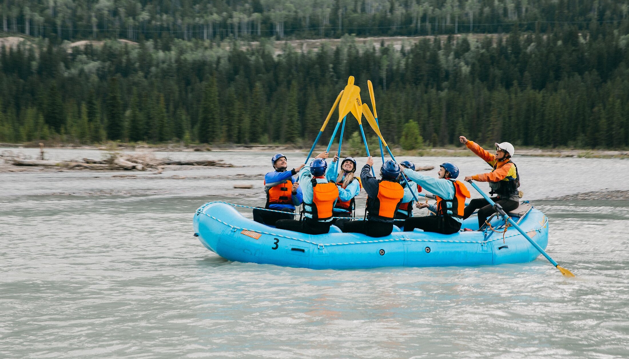 Rafters getting ready to hit the rapids of the Kicking Horse River