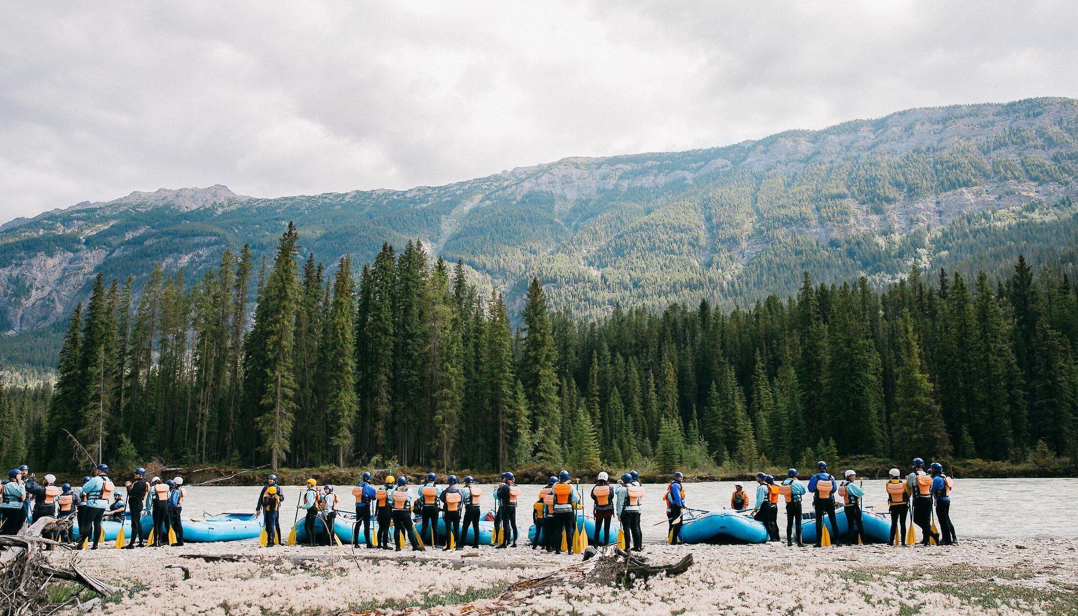 Rafters lining up ready to hit the rapids on the Kicking Horse River