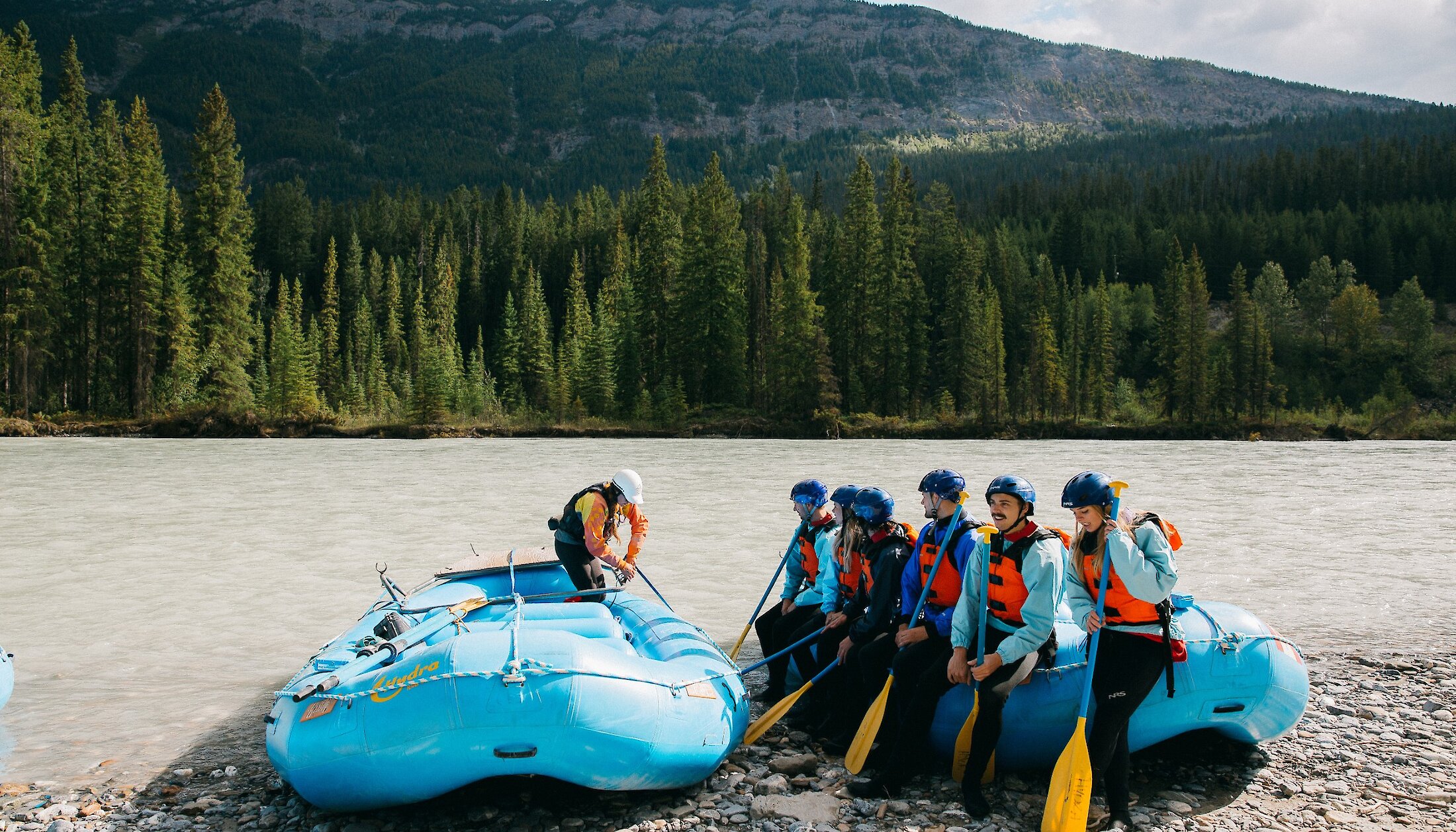 The guides giving instruction on a Kicking Horse raft trip