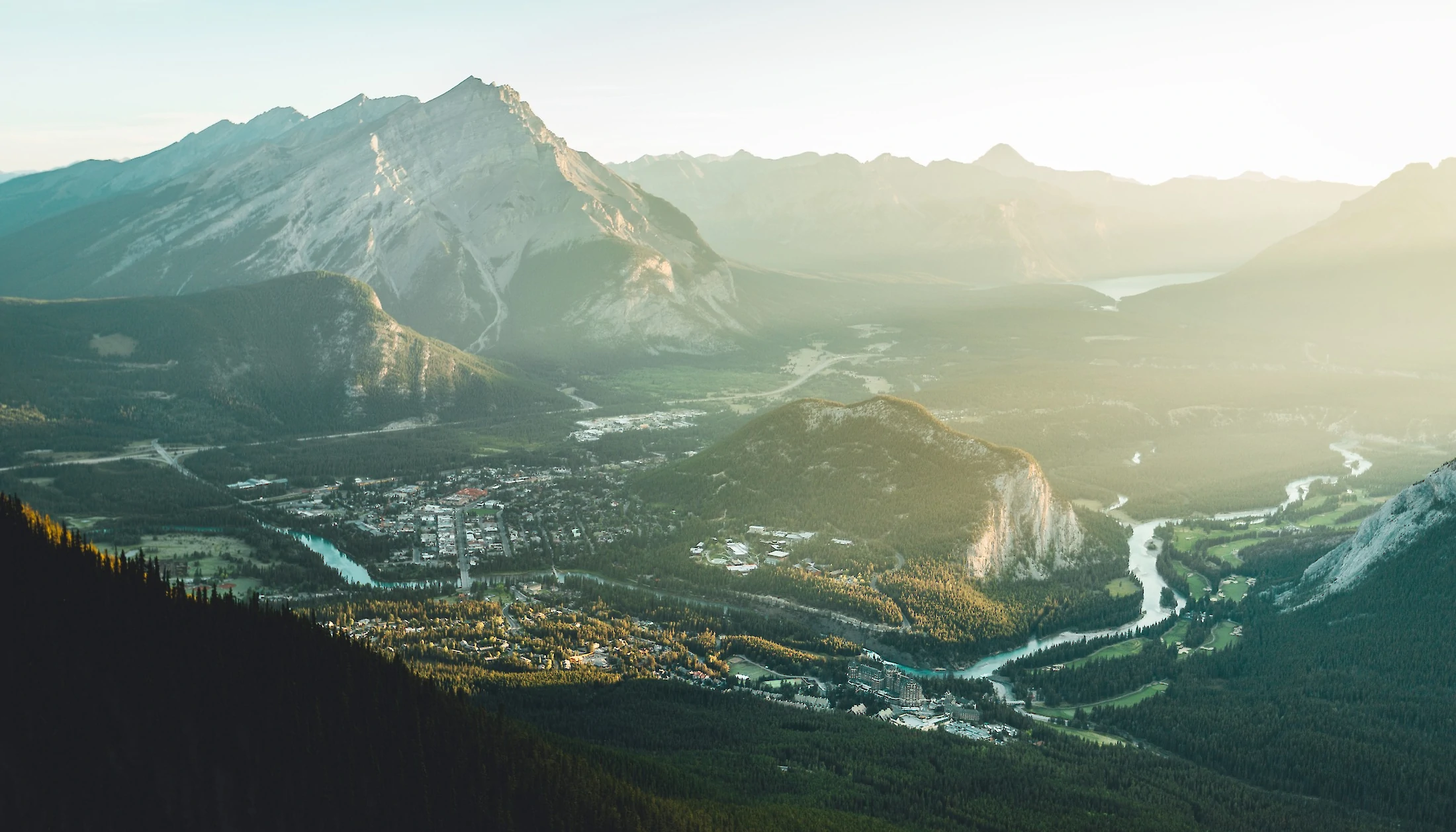 An aerial view of Banff townsite from the Banff Gondola Terminal on Sulphur Mountain