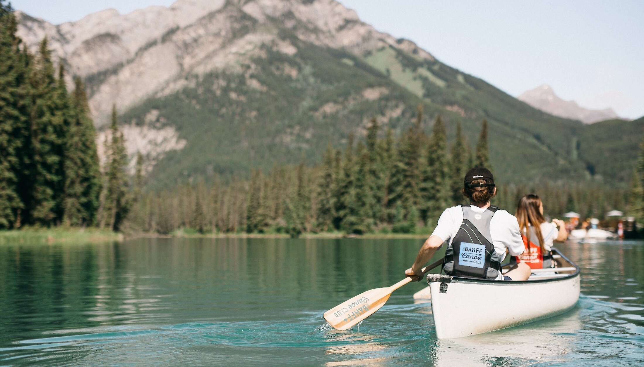 Canoeing up the Bow River from the Banff Canoe Club