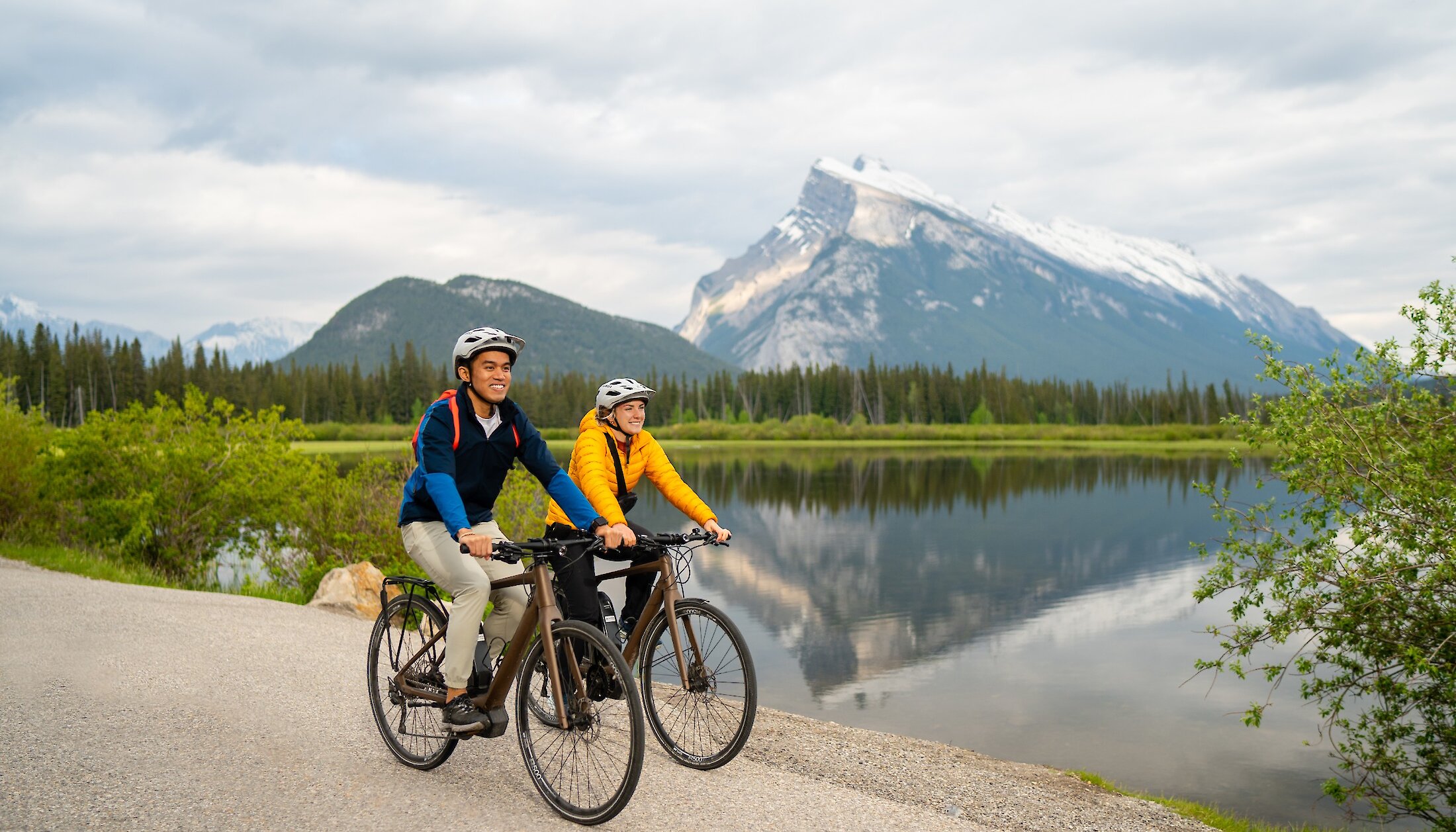 Bike riding on Vermilian Road in Banff