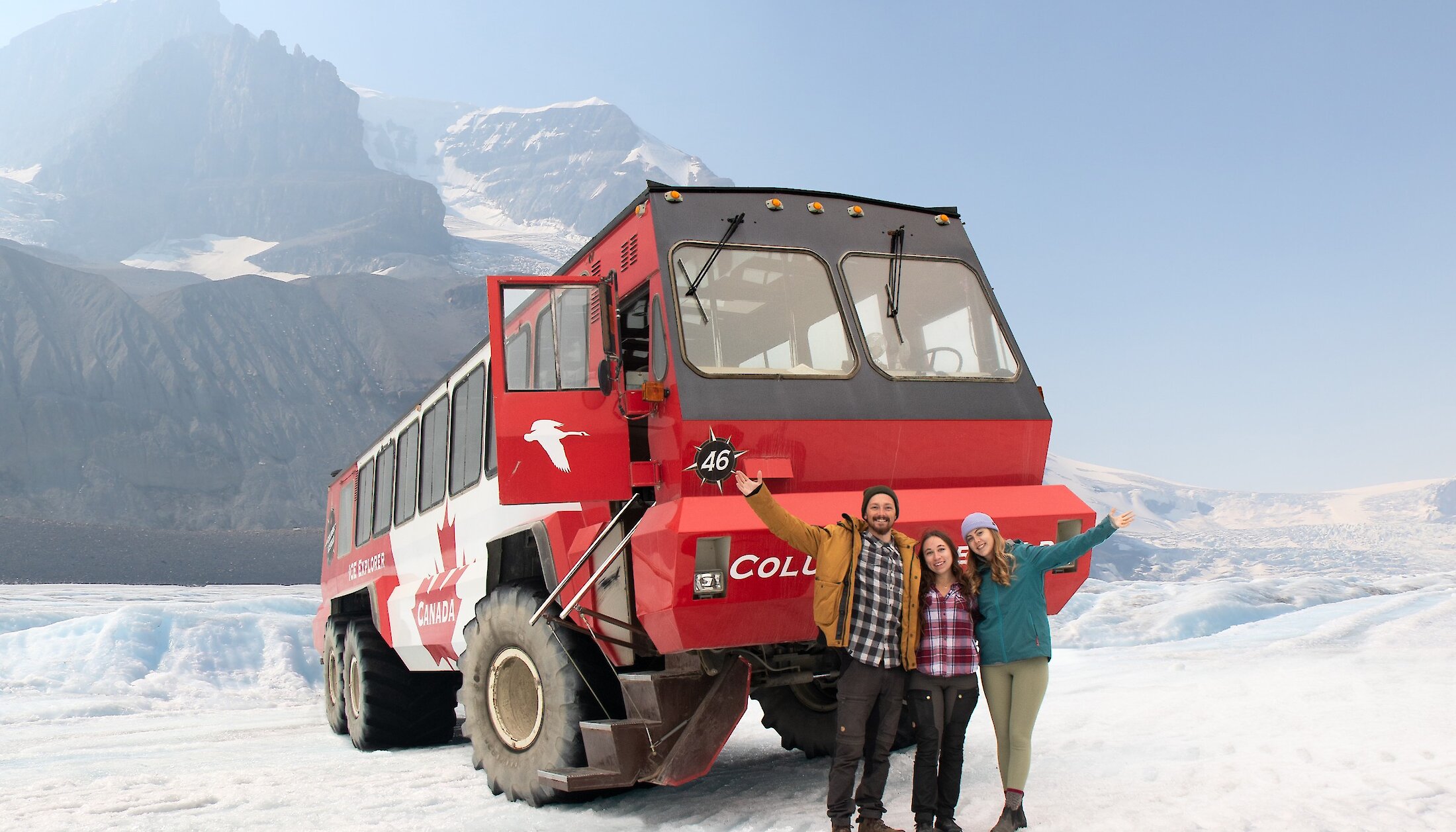 Posing in front of an ice explorer at the Columbia Icefield