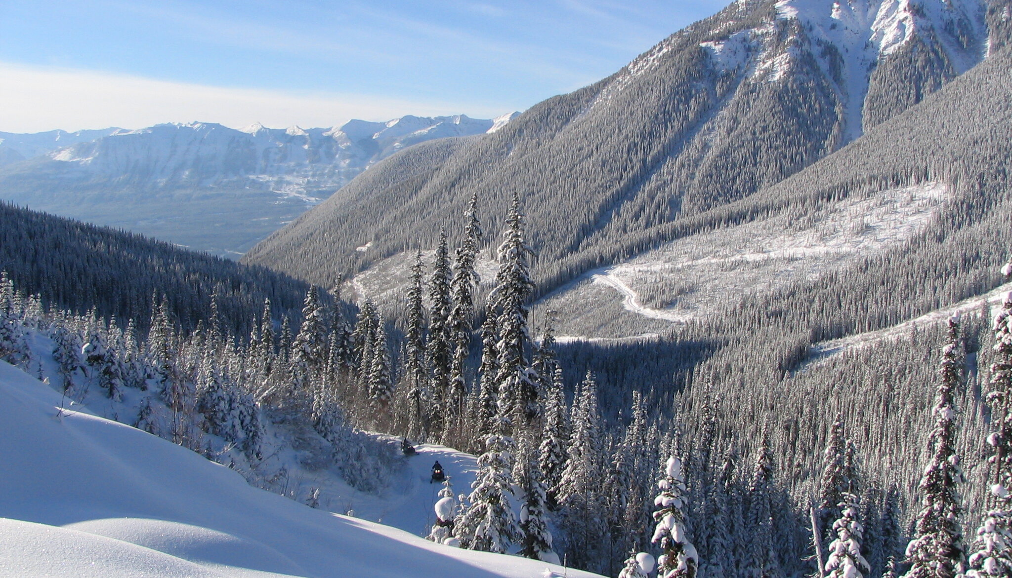 Winding snowmobiling trail through the trees at Golden British Columbia