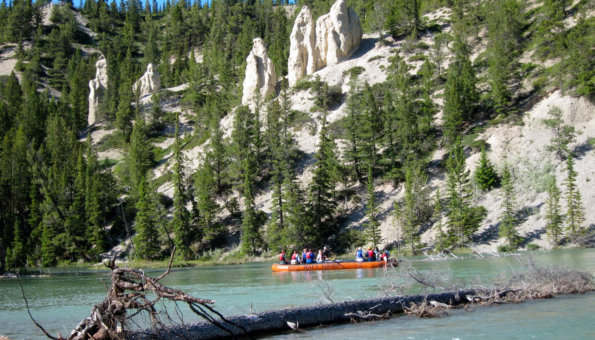 Floating past the hoodoo rocks on the Bow River