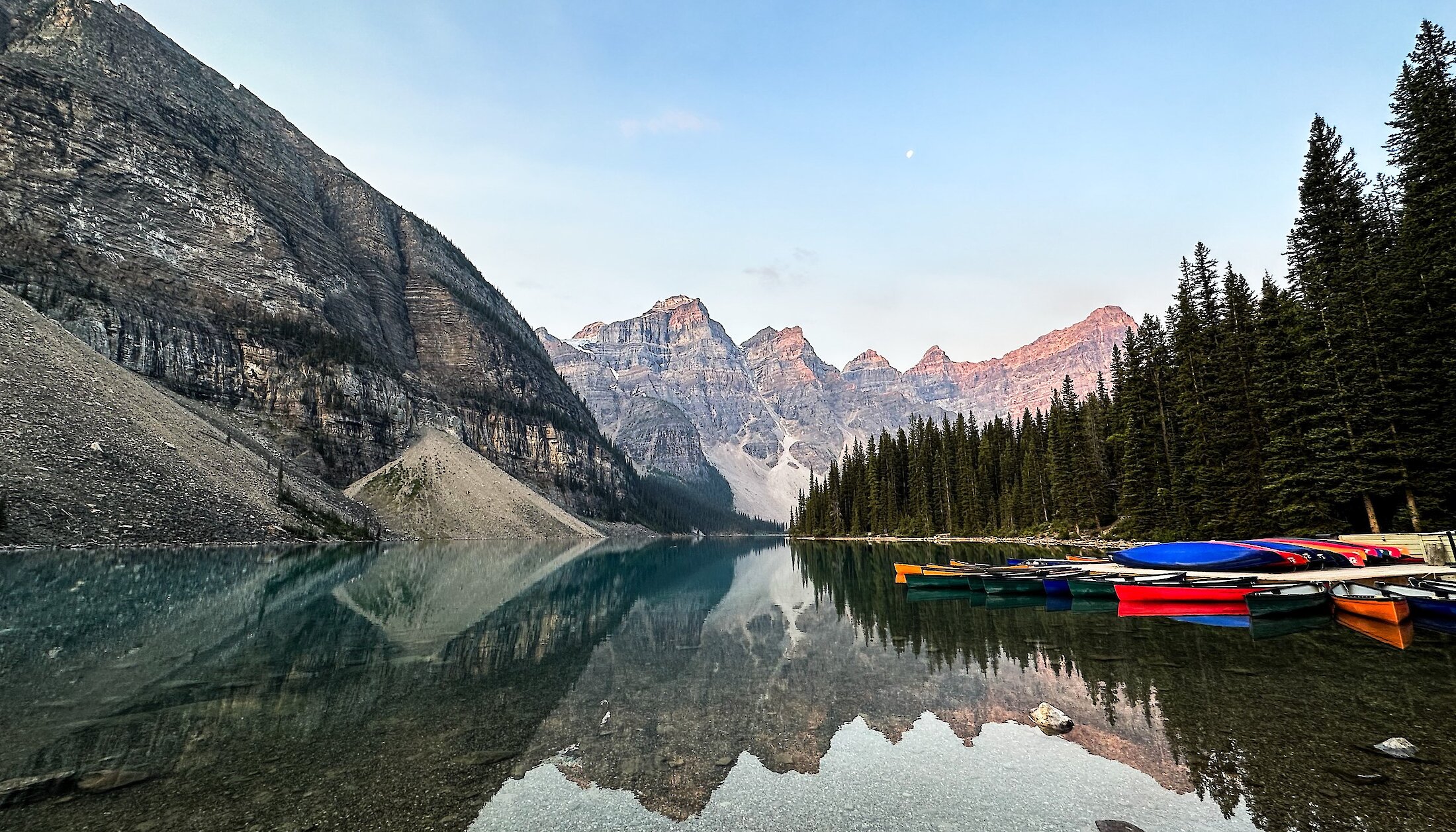 View from stunning Moraine Lake Shoreline during sunrise