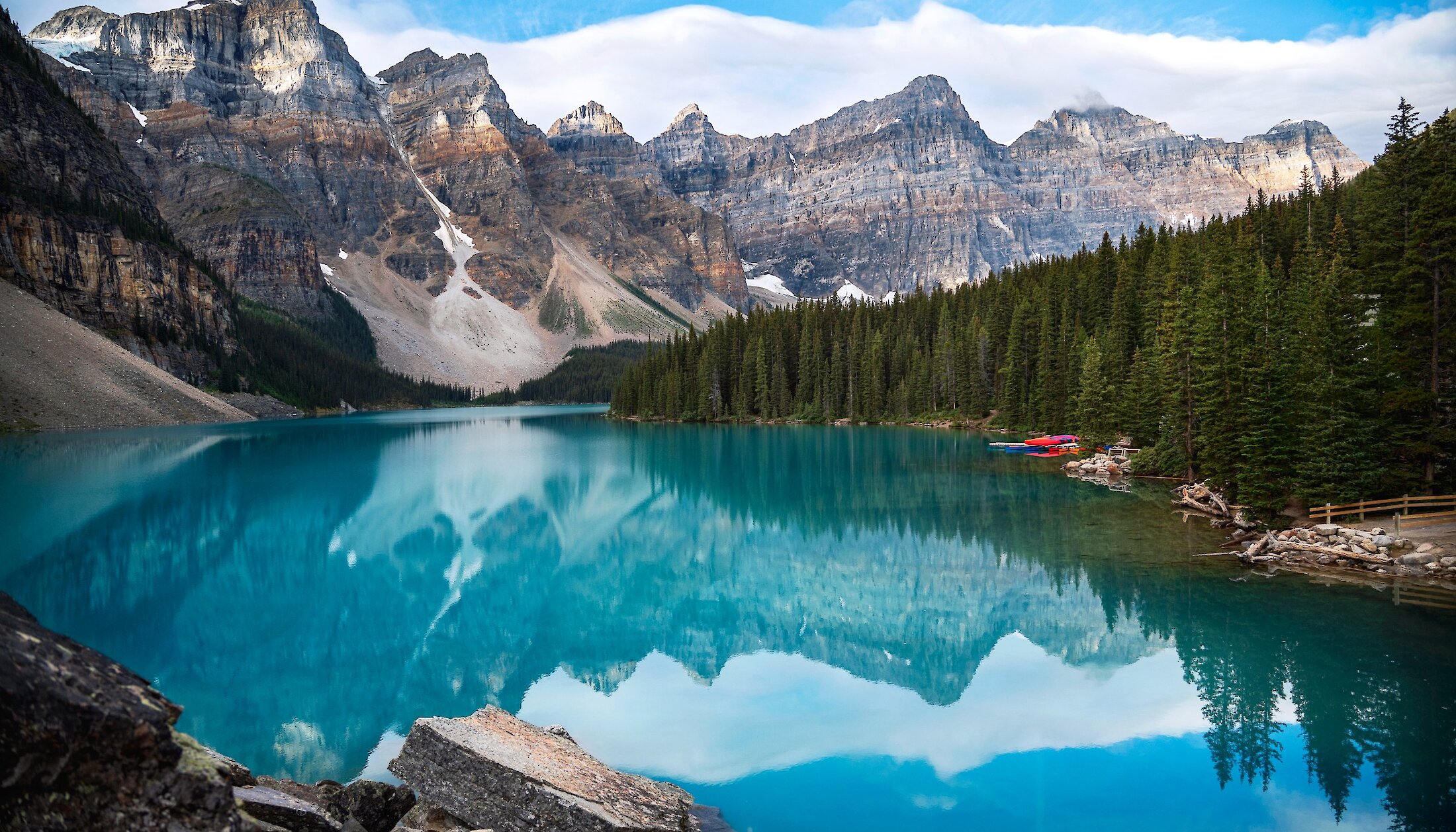 View of Moraine Lake's stunning turquoise water from the rockpile