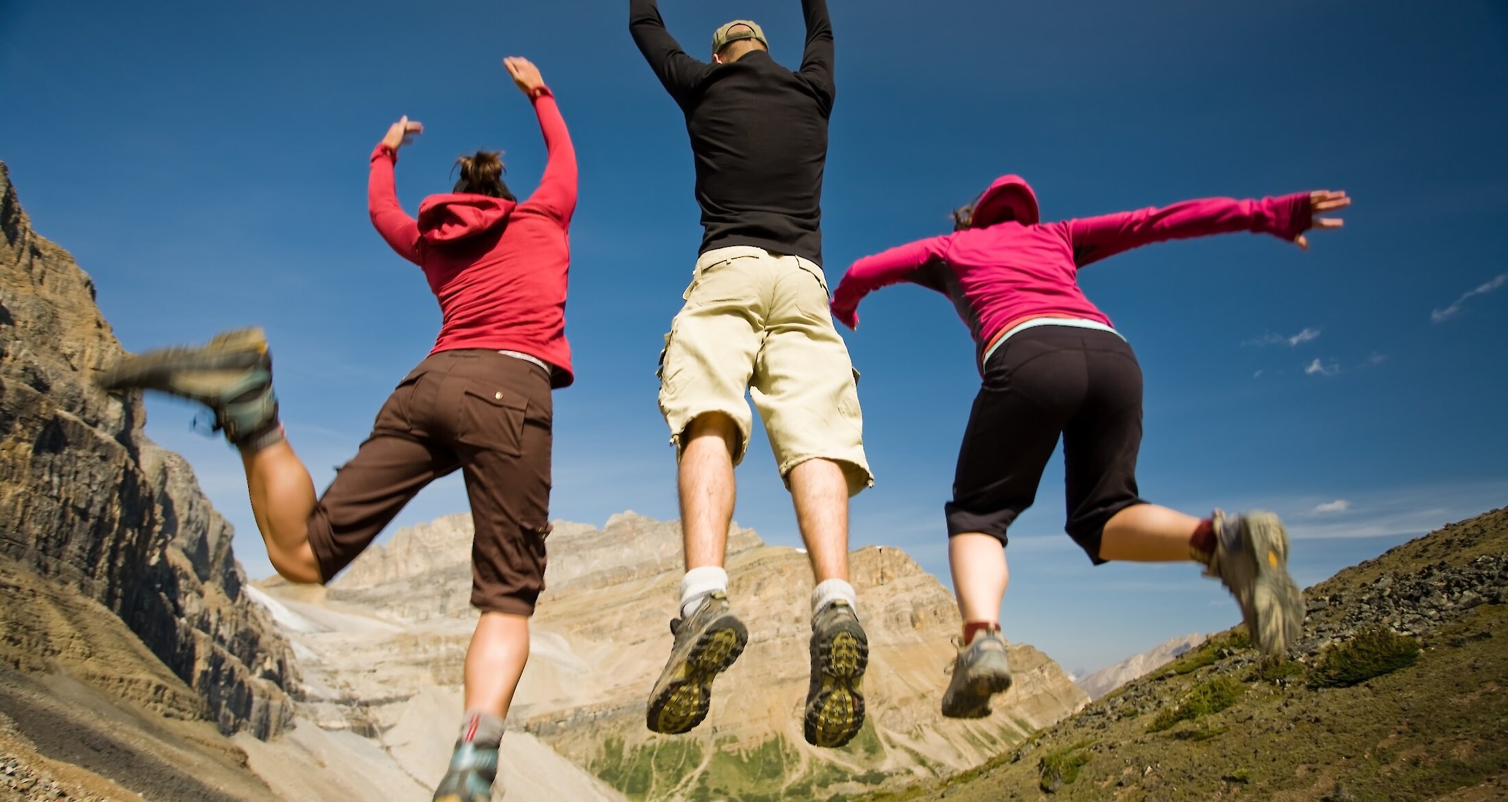 A group of friends enjoying a hike in Skoki Backcountry