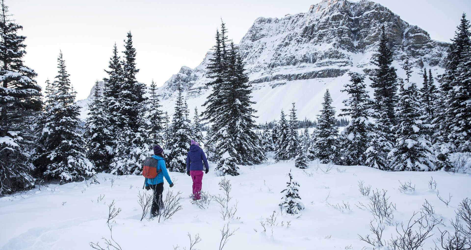 Bow lake snowshoeing with mountain backgrounds