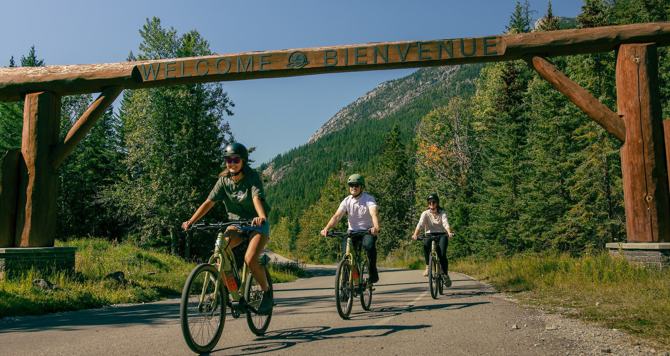 A group riding on the Bow Valley Parkway on Ebikes in the Summer
