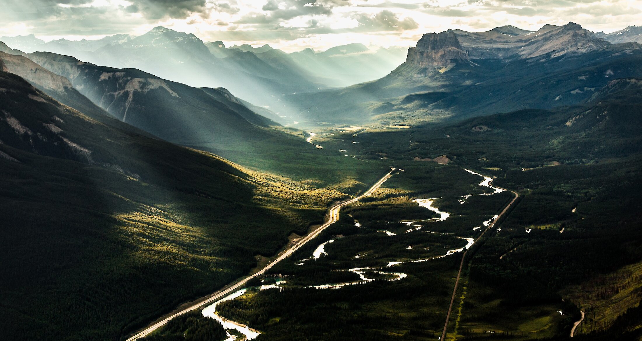 A landscape view of the bow valley and highway 1