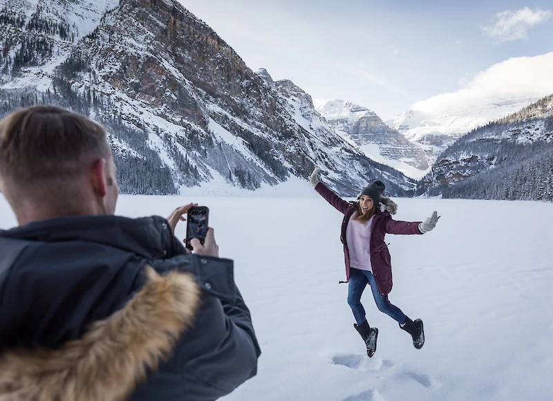 Couple having fun at Lake Louise