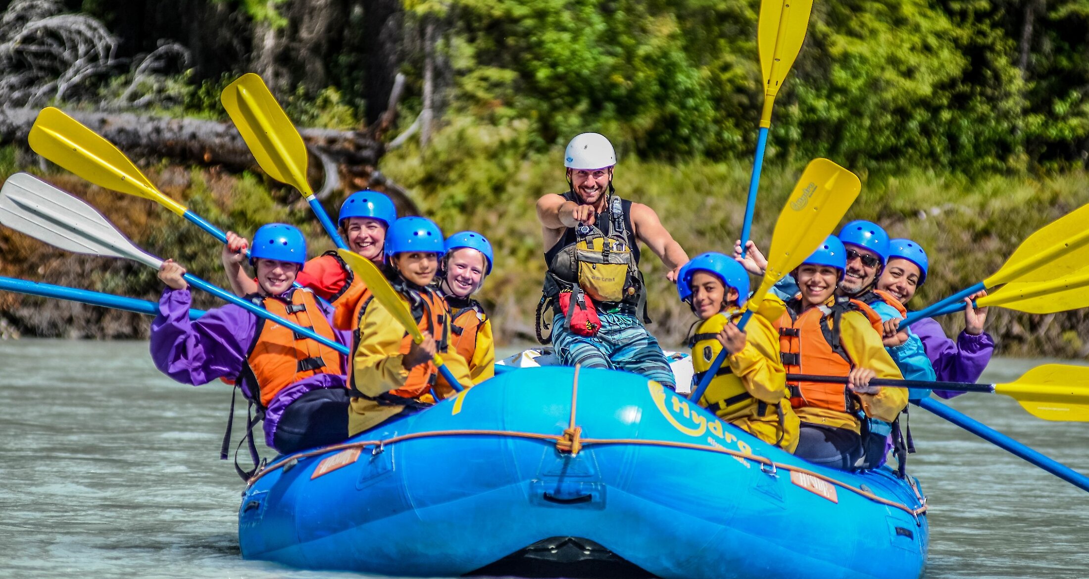 A group rafting on the Kicking Horse River