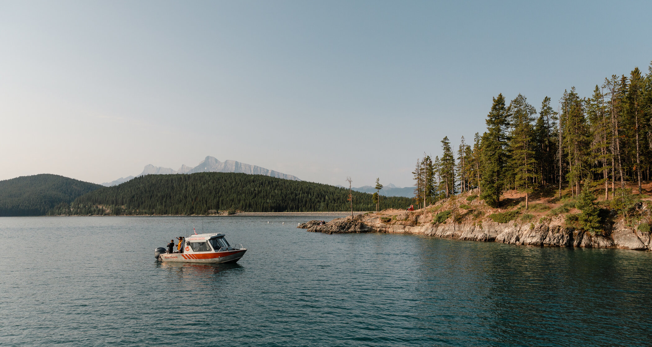 A fishing boat on Lake Minnewanka in Banff