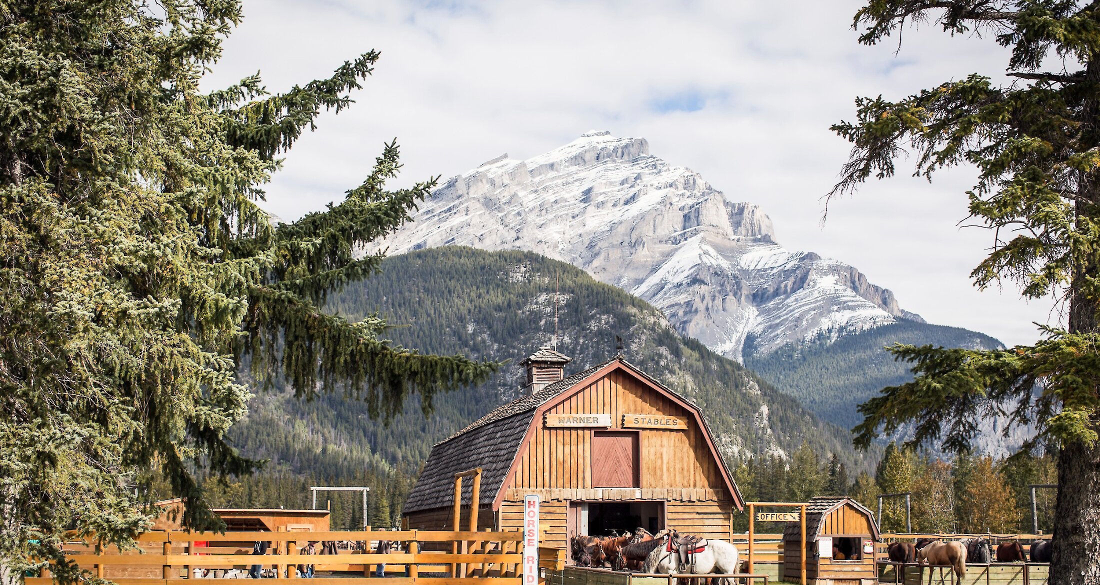 A view of the stables in front of Cascade Mountain in Banff