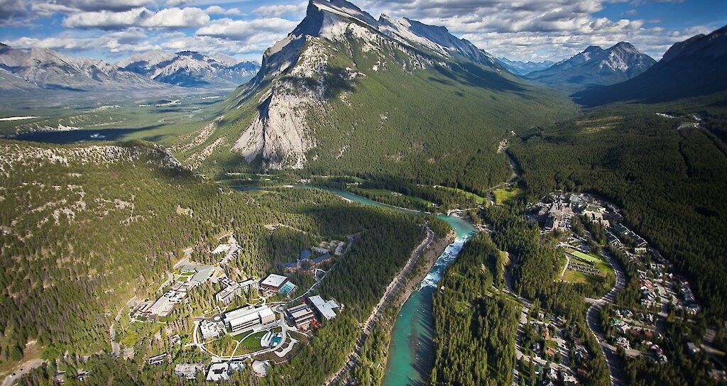 Banff's Bow River and Rundle Mountain from Above