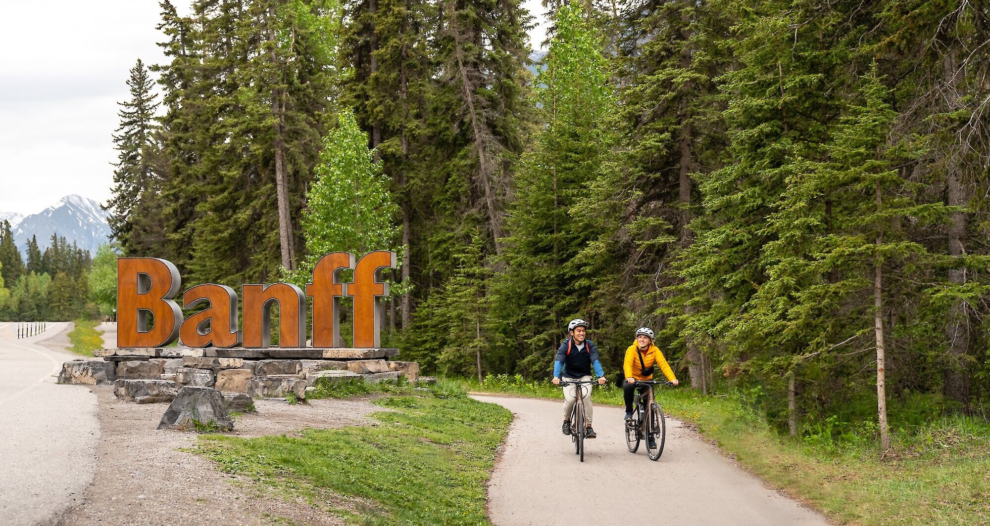 Couple Exploring Banff on Bikes