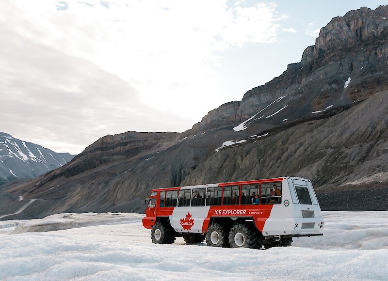 The ice explorer bus on the Athabasca Glacier in Jasper National Park