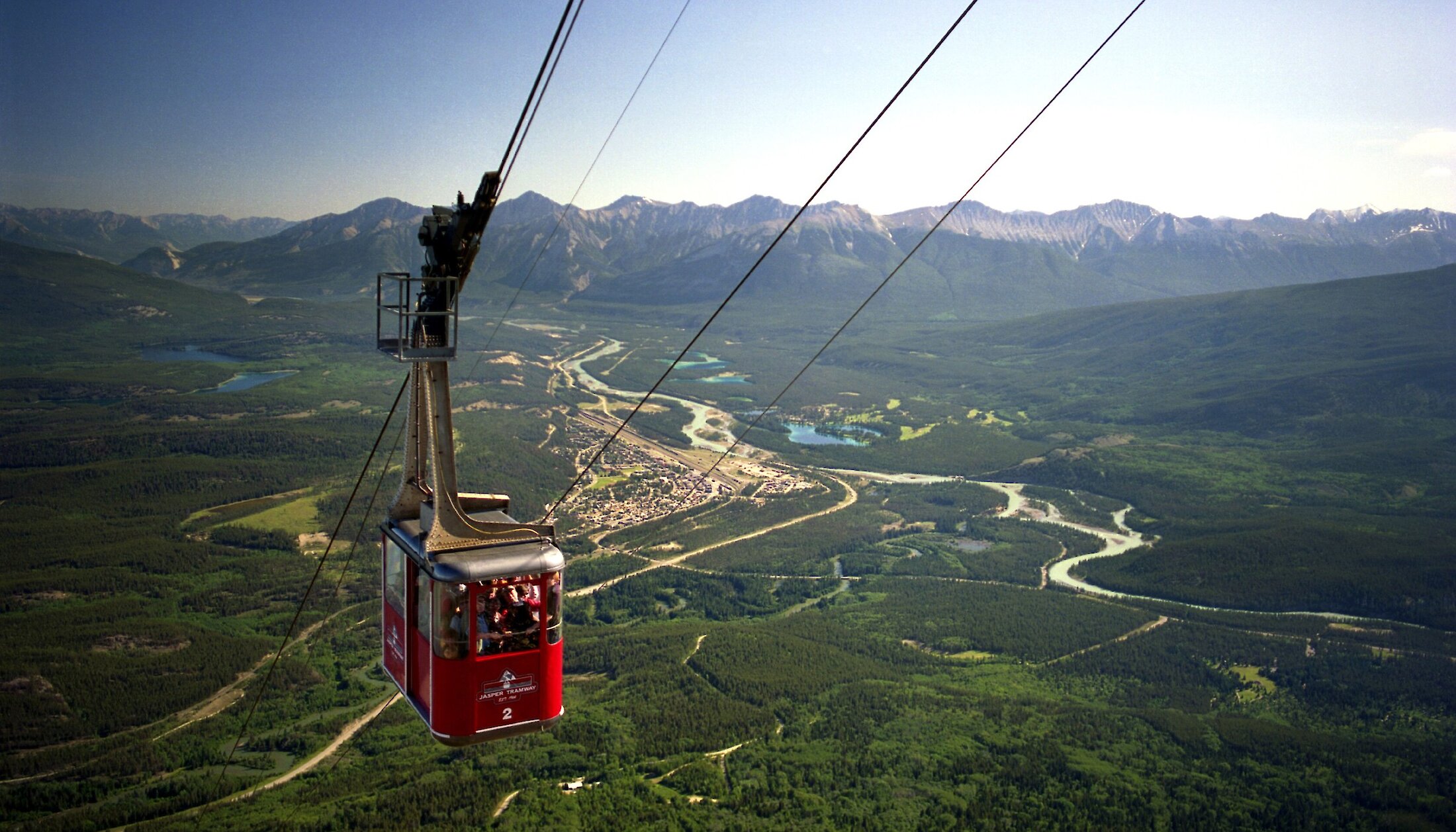 The skytram cart ascends over Jasper National Park
