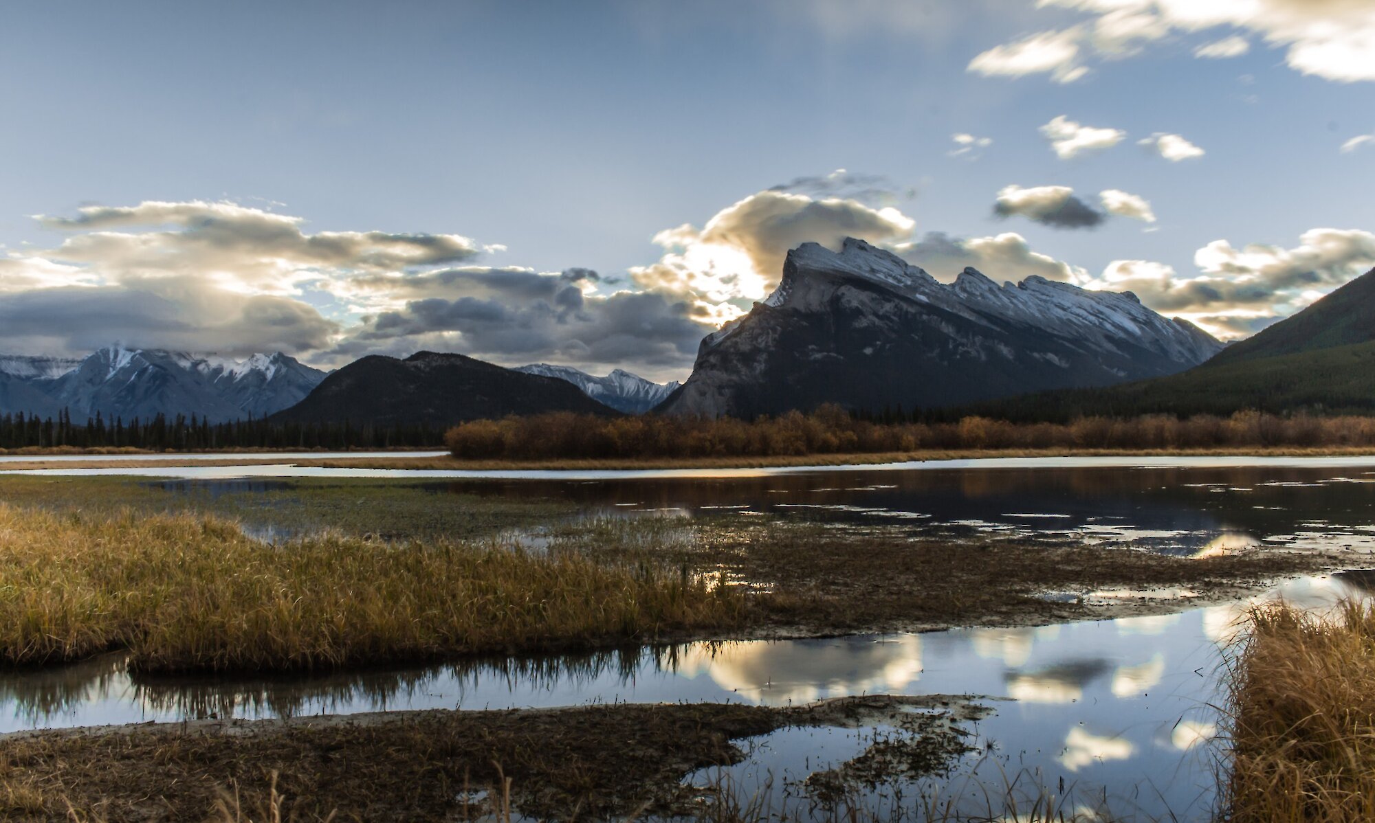 A view of Vermillion Lakes and Mount Rundle from Vermillion Lakes Road