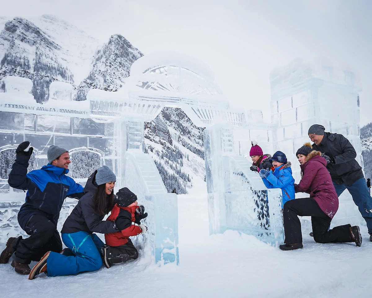 A family enjoying the Ice Castle in Lake Louise
