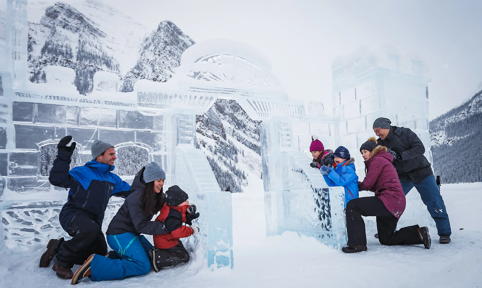 A family enjoying the Ice Castle in Lake Louise
