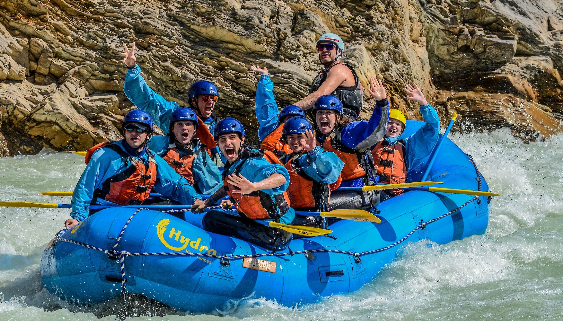 A group rafting on the Kicking Horse River