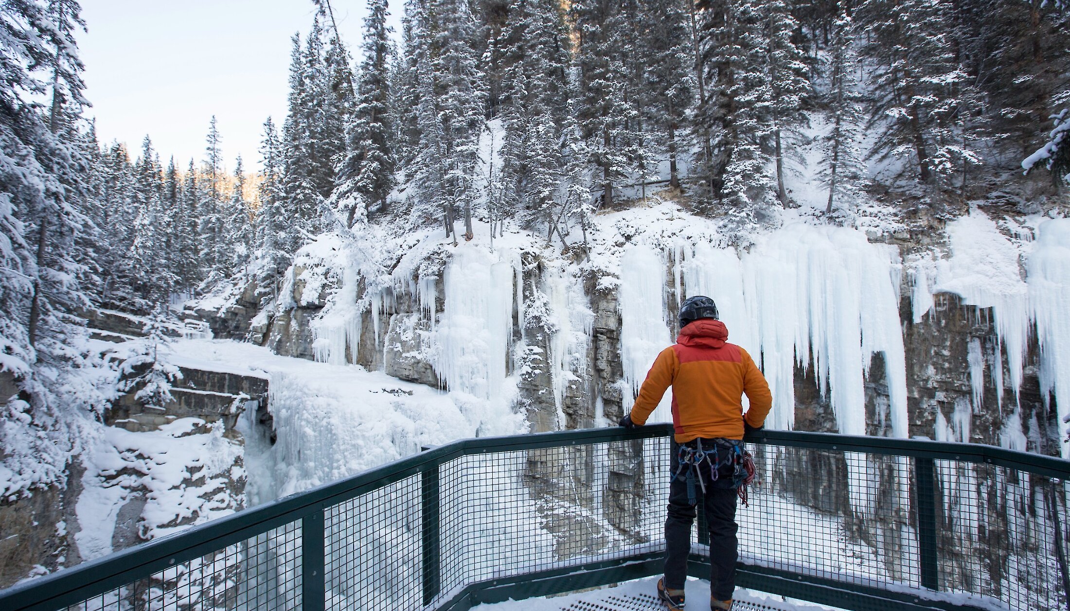 Ice climber getting ready at Johnston Canyon