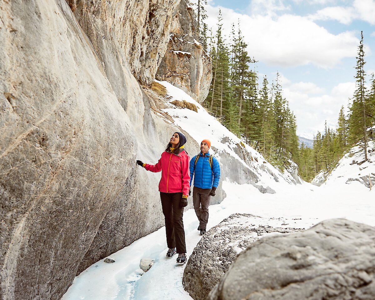 Walking on ice in Grotto Canyon