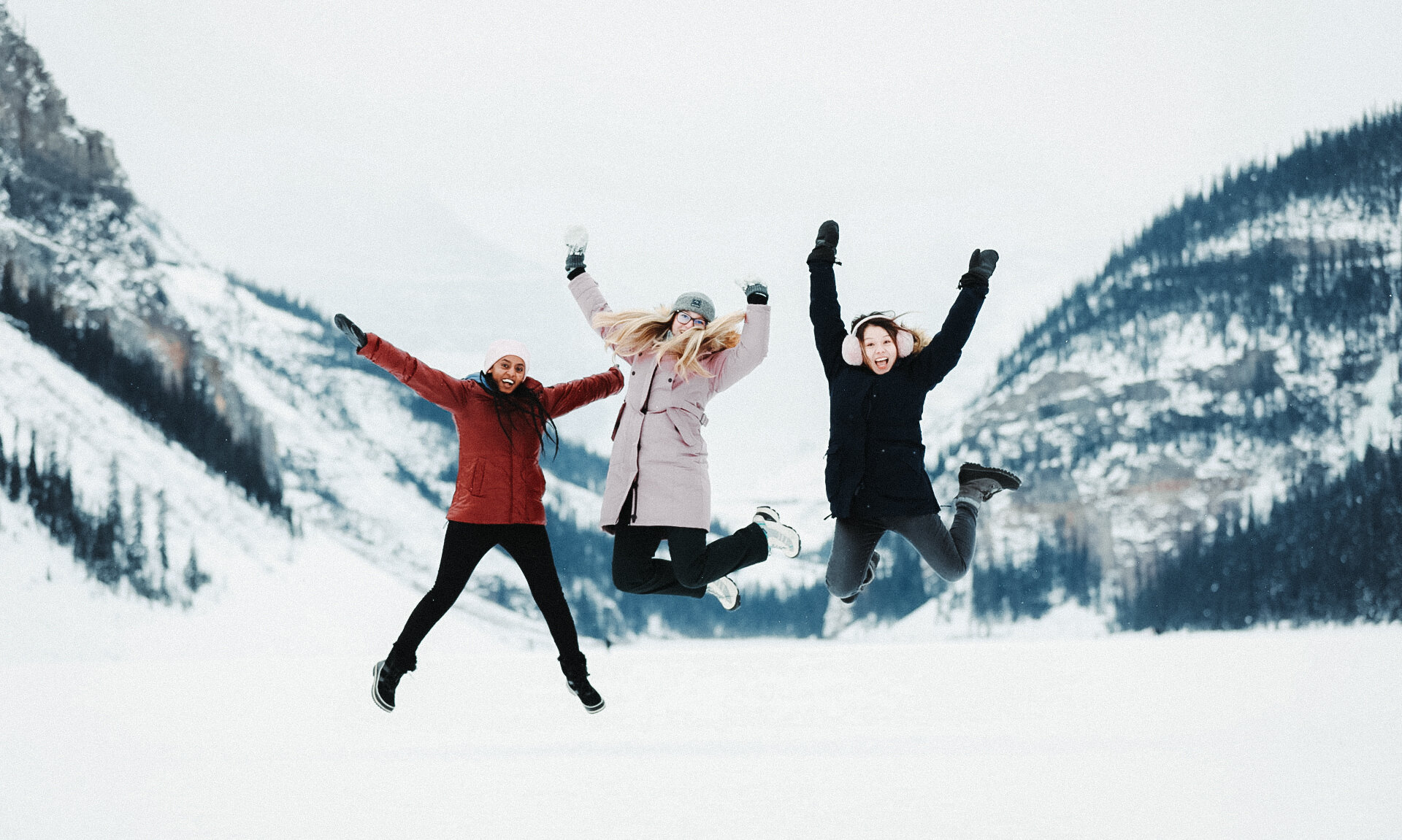 A group of friends on a frozen Lake Louise