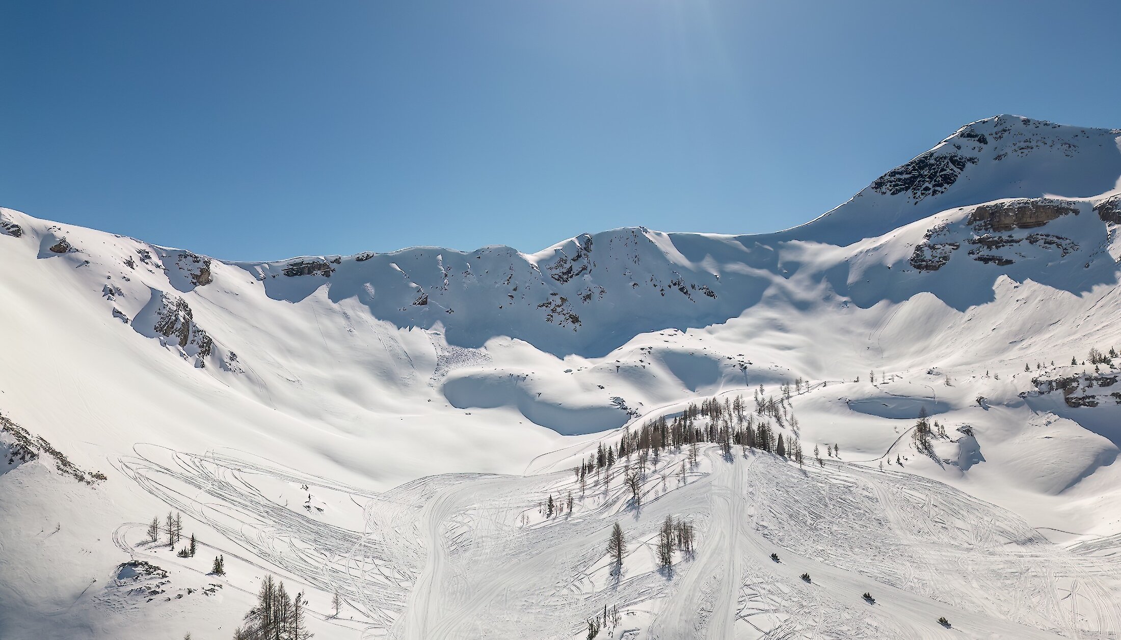 An aerial view of paradise basin snowmobile tour