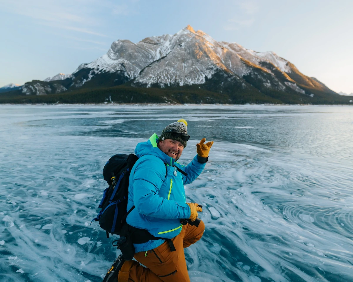 Checking out the ice bubbles at Abraham Lake