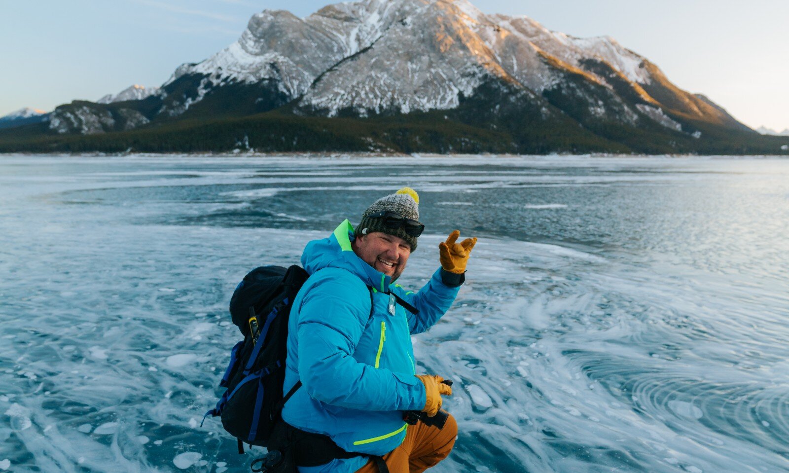 Checking out the ice bubbles at Abraham Lake