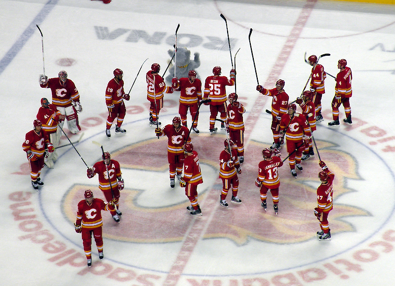 The Calgary Flames Hockey team on the Ice at the Scotiabank Saddledome in Calgary