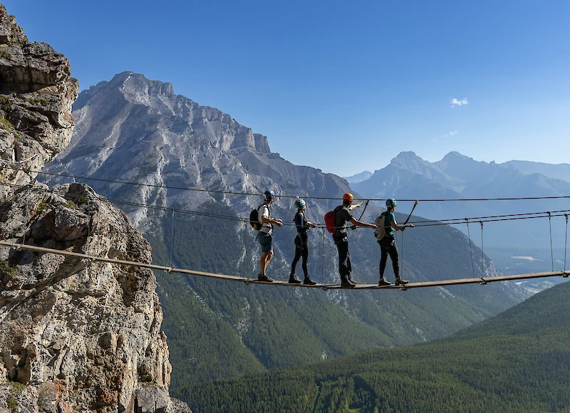 Climbers on the suspension bridge at Mt Norquay