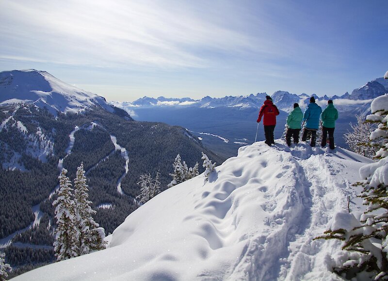 A group snowshoeing and taking in the views of the Rocky Mountains at Lake Louise Ski Resort