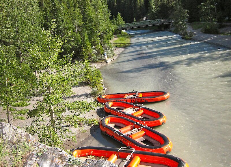 The rafts ready to go at Bow Falls