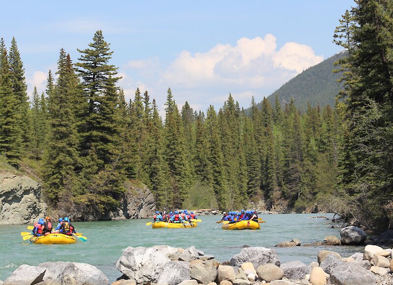 The rafts floating down the Kananaskis River