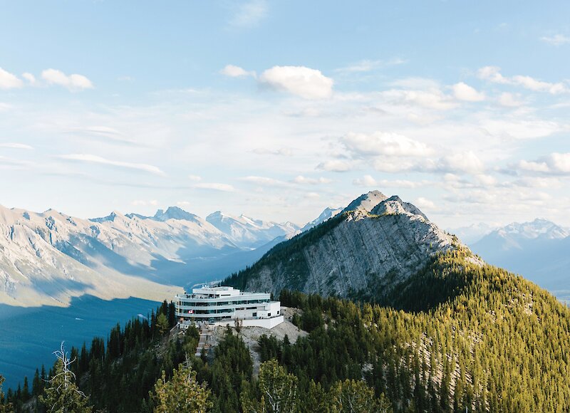 An aerial view of the Banff Gondola terminal on Sulphur Mountain