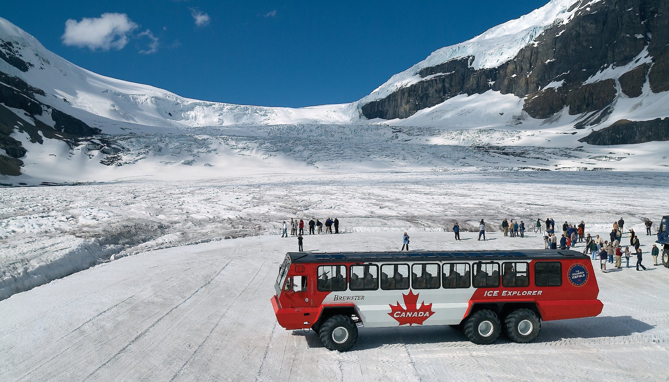 The Ice Explorer on the Columbia Icefield Glacier on a sunny bluebird day