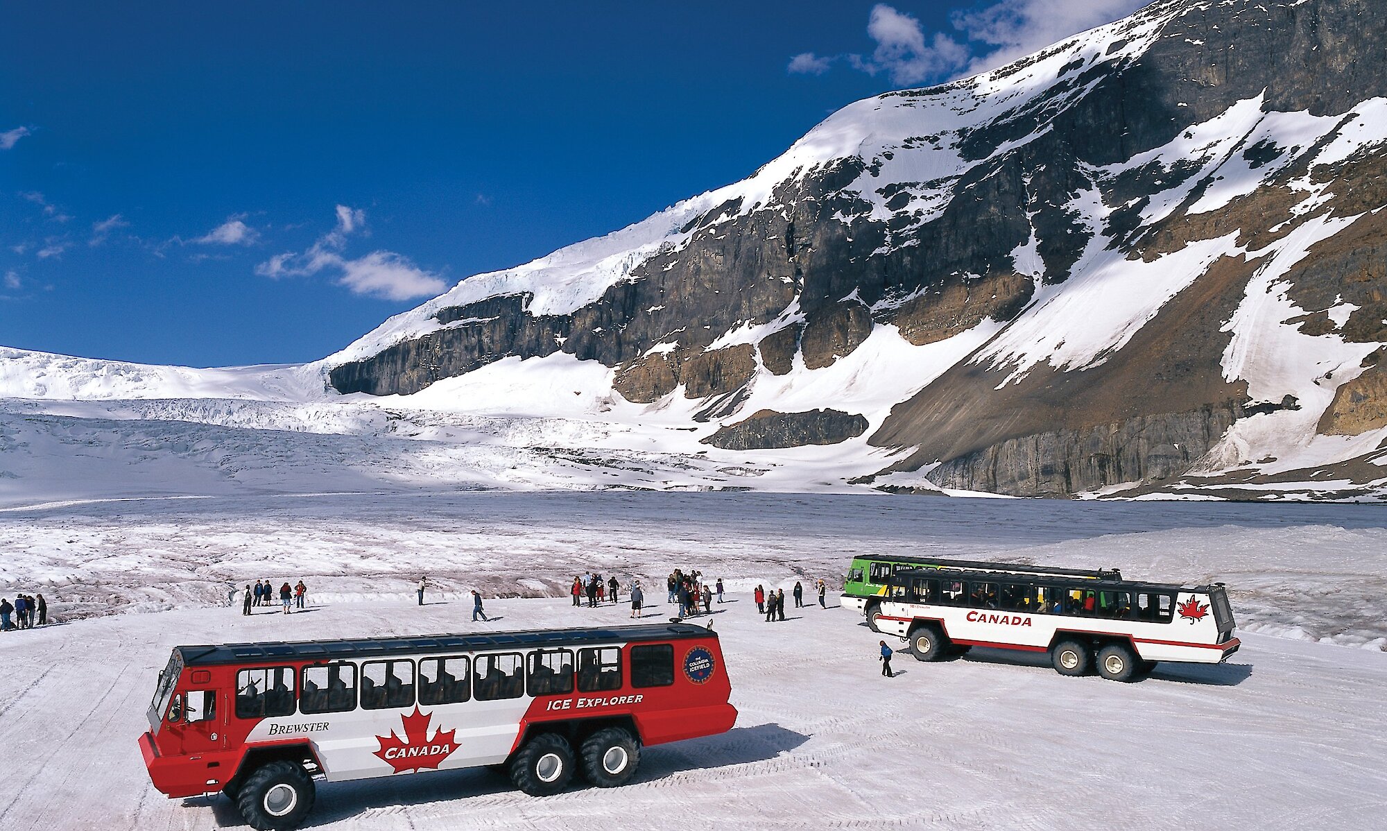 Two Ice Explorer buses on the Columbia Icefield Glacier
