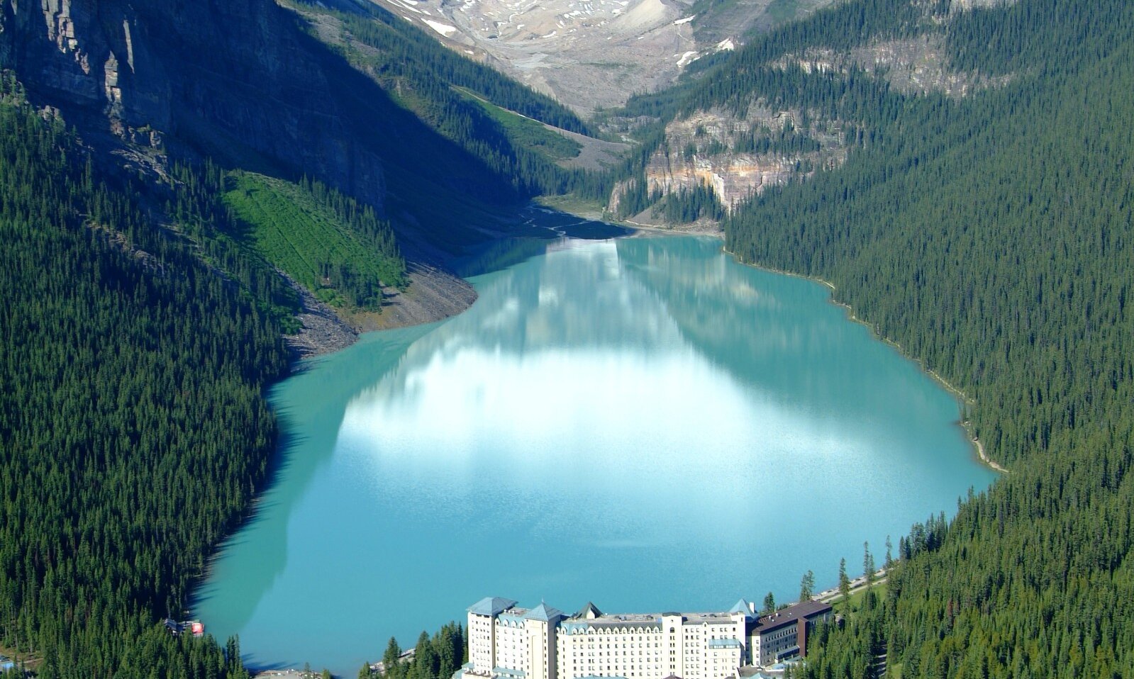 Aerial view of Lake Louise and The Fairmont Chateau