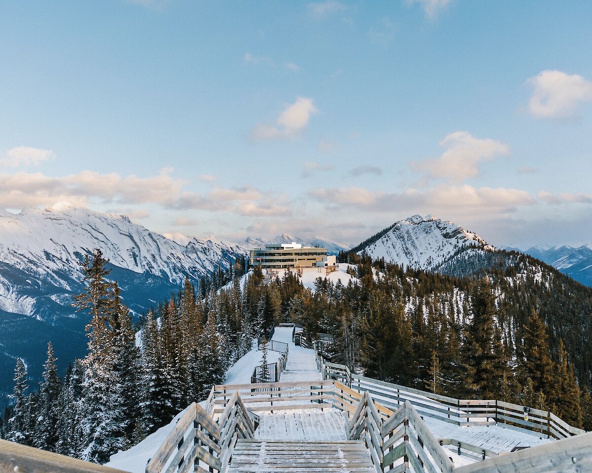 The boardwalk at the top of the Banff Gondola in winter